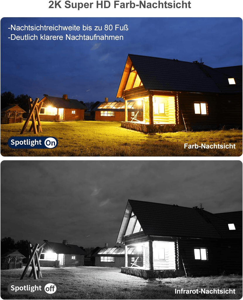 Xega 4G Überwachungskamera: Farb-Nachtsicht (Spotlight On) vs. Infrarot-Nachtsicht, 2K HD, bis 80 Fuß Reichweite.