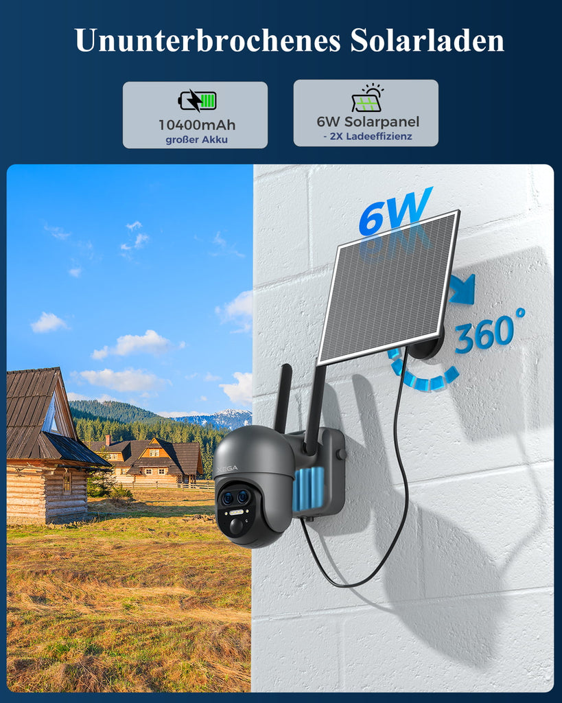 Xega XG-16 4G LTE Überwachungskamera mit Solarpanel, 2K PTZ Dual-Lens, 10400mAh Akku, 6W Solarpanel für Außenüberwachung.