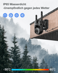 Wetterfeste Xega XG-18 4G LTE Überwachungskamera im Regen, IP65 wasserdicht, ideal für Außenbereiche.