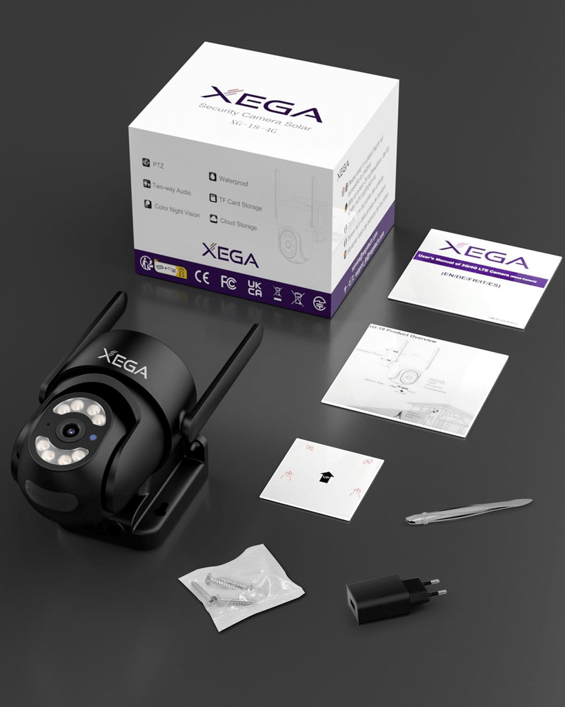 XEGA XG-18 4G LTE Überwachungskamera Aussen, schwarze Kamera und Verpackung mit Produktdetails, Zubehör und Benutzerhandbuch