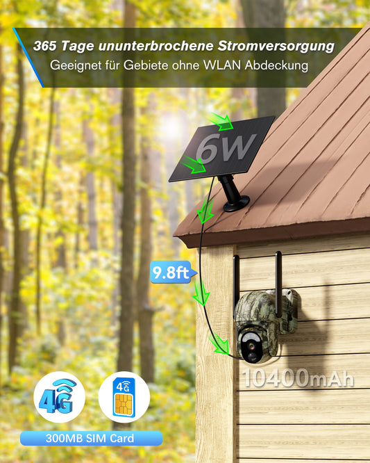 Xega 4G LTE camera: 6W solar, 10400mAh battery, 300MB SIM. 365-day power, no Wi-Fi needed.
