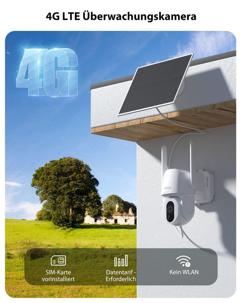 Xega 4G LTE Solar PTZ Außenüberwachungskamera mit SIM-Karte | 500-Lumen LED Farb-Nachtsicht, 2-Wege-Audio, PIR Bewegungserkennung, IP66 wasserdicht, kabellos solarbetrieben