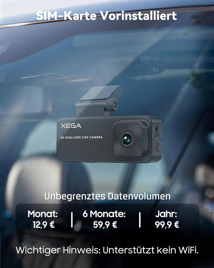 XEGA 2K 4G LTE Dashcam Auto Vorne Hinten mit SIM Karte, Dashcam mit Parküberwachung, App-Zugriff, 2-Wege Talk, Bewegungserkennung, Nachtsicht, GPS, Privater Modus.