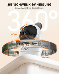 Xega 4G Überwachungskamera Innen mit SIM Karte,Kabelgebunden 24/7 Kontinuierliche Aufzeichnung Kamera Ohne WLAN,IR-Nachtsicht,355°P 60°T,Zwei-Wege-Audio,Personenerkennung für Babys/Haustiere/Senioren