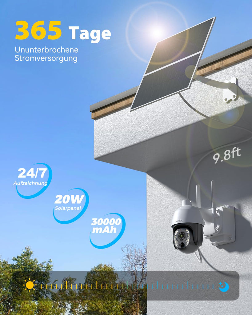 Xega 5MP【10X Optischer Zoom】4G LTE Überwachungskamera Aussen mit SIM Kart 24/7 Aufnahme 20W Solarpanel  30,000mAh Akku PTZ Kamera ohne WLAN