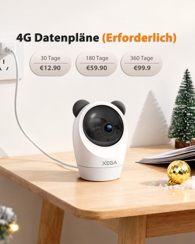 Xega 4G Überwachungskamera Innen mit SIM Karte,Kabelgebunden 24/7 Kontinuierliche Aufzeichnung Kamera Ohne WLAN,IR-Nachtsicht,355°P 60°T,Zwei-Wege-Audio,Personenerkennung für Babys/Haustiere/Senioren