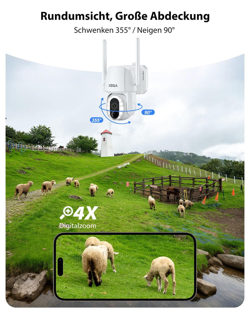 Xega 4G LTE Solar PTZ Außenüberwachungskamera mit SIM-Karte | 500-Lumen LED Farb-Nachtsicht, 2-Wege-Audio, PIR Bewegungserkennung, IP66 wasserdicht, kabellos solarbetrieben