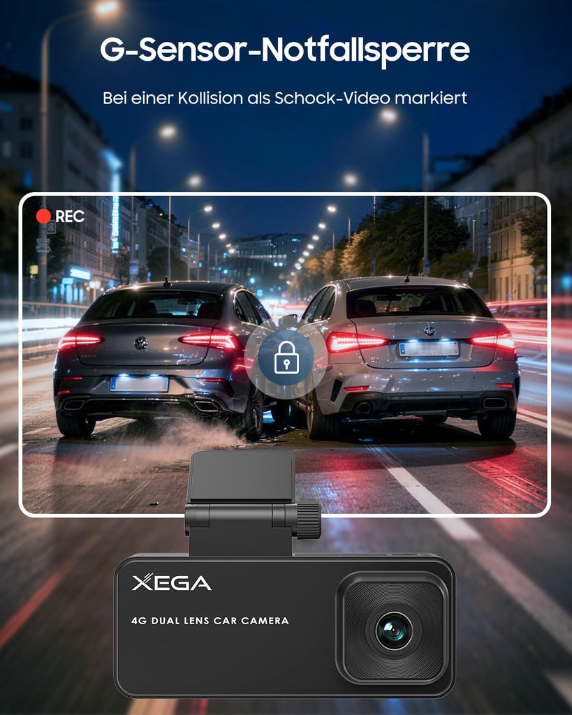 XEGA 2K 4G LTE Dashcam Auto Vorne Hinten mit SIM Karte, Dashcam mit Parküberwachung, App-Zugriff, 2-Wege Talk, Bewegungserkennung, Nachtsicht, GPS, Privater Modus.