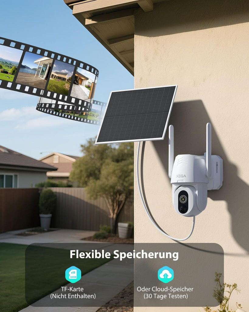 Xega 4G LTE Solar PTZ Außenüberwachungskamera mit SIM-Karte | 500-Lumen LED Farb-Nachtsicht, 2-Wege-Audio, PIR Bewegungserkennung, IP66 wasserdicht, kabellos solarbetrieben