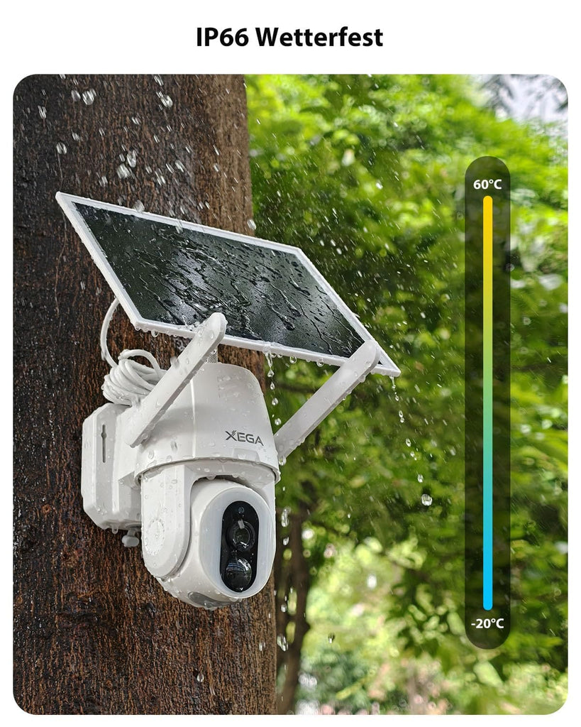 Xega 4G LTE Solar PTZ Außenüberwachungskamera mit SIM-Karte | 500-Lumen LED Farb-Nachtsicht, 2-Wege-Audio, PIR Bewegungserkennung, IP66 wasserdicht, kabellos solarbetrieben