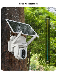Xega 4G LTE Solar PTZ Außenüberwachungskamera mit SIM-Karte | 500-Lumen LED Farb-Nachtsicht, 2-Wege-Audio, PIR Bewegungserkennung, IP66 wasserdicht, kabellos solarbetrieben