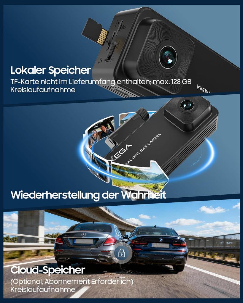XEGA 2K 4G LTE Dashcam Auto Vorne Hinten mit SIM Karte, Dashcam mit Parküberwachung, App-Zugriff, 2-Wege Talk, Bewegungserkennung, Nachtsicht, GPS, Privater Modus.