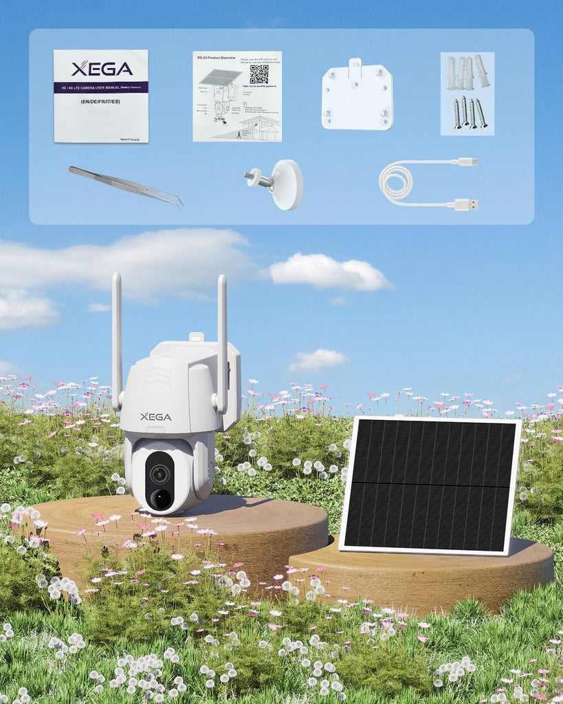 Xega 4G LTE Solar PTZ Außenüberwachungskamera mit SIM-Karte | 500-Lumen LED Farb-Nachtsicht, 2-Wege-Audio, PIR Bewegungserkennung, IP66 wasserdicht, kabellos solarbetrieben