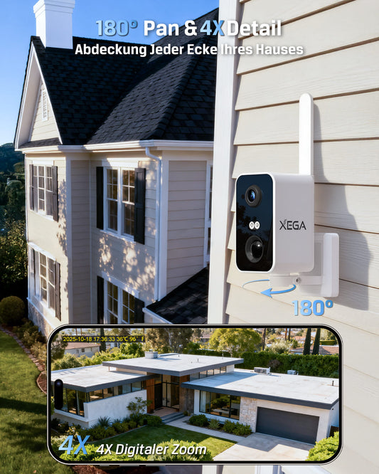 Xega 4G Überwachungskamera mit SIM Karte, akku 10000mAh,PIR Bewegungserkennung,3MP Farbe Nachtsicht,2-Wege Audio,Sirene Alarm,180°Schwenkbereich.