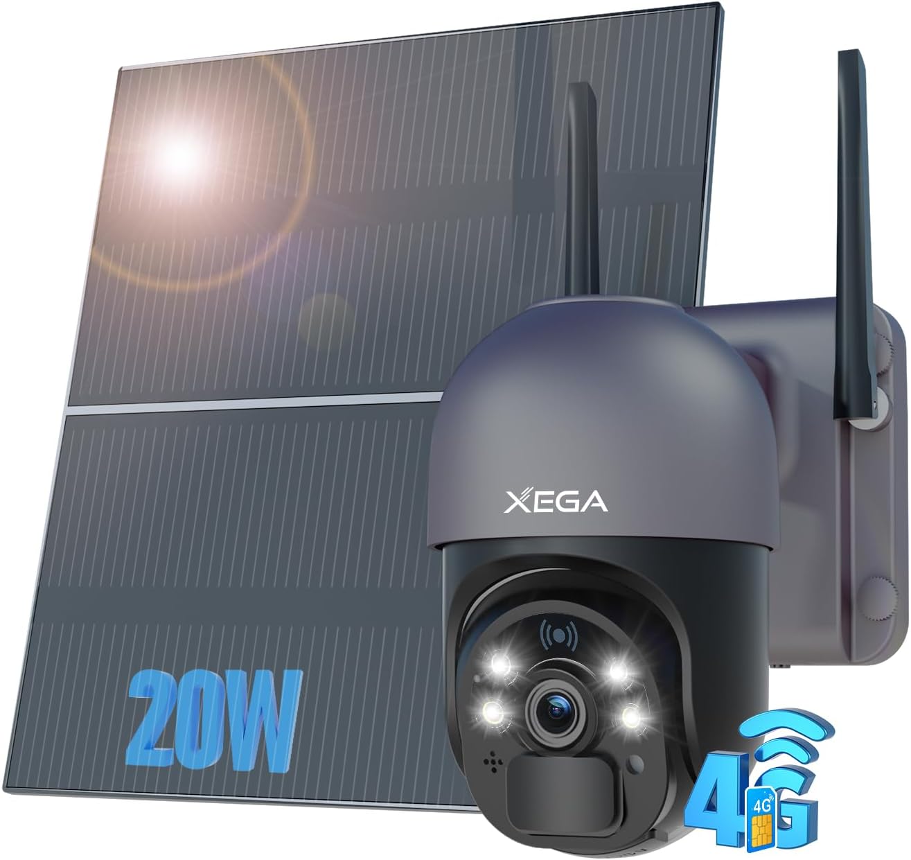 Xega 4G LTE 2K PTZ Outdoor-Kamera mit 20W Solarpanel und Farb-Nachtsicht.