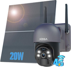 Xega 4G LTE Überwachungskamera-20W Solarpanel  20000mAh Akku & 2K HD Farb-Nachtsicht und Zwei-Wege-Audio