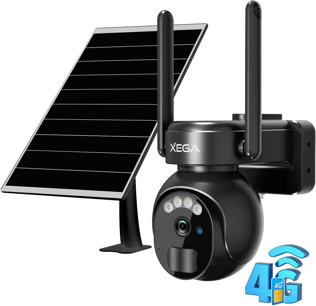 Xega 4G LTE Überwachungskamera Aussen Solar-2K HD 3MP, Erkennung Farb/IR Nachtsicht