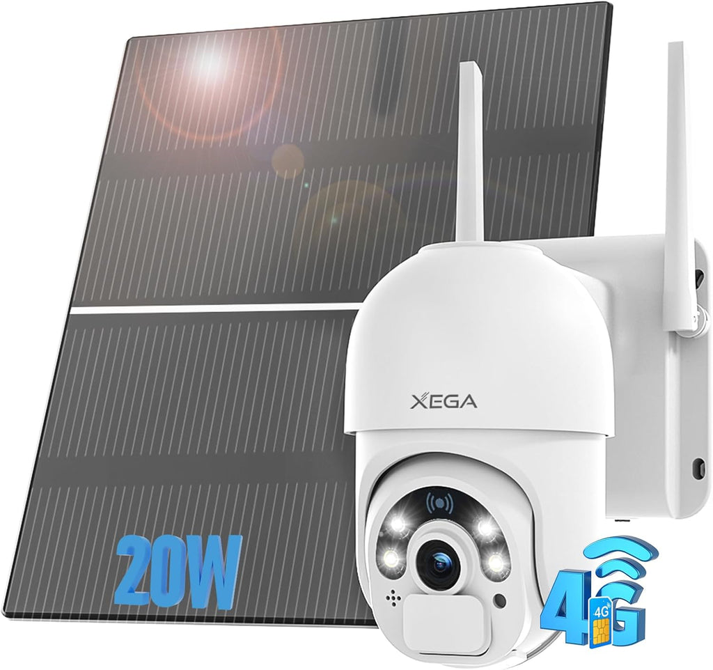 Xega 4G Solar Überwachungskamera mit 20W Solarpanel, 2K/3MP HD, 24/7 Aufnahme, ideal für Außenbereiche