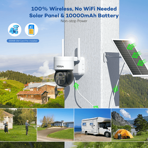 Xega XG-03 4G LTE Überwachungskamera mit SIM-Karte,2K HD Farbe Nachtsicht 355°/120°, keine WiFi, PIR-Bewegungserkennung.