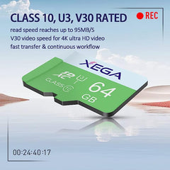 Xega 64/128 GB TF-Karte, UHS-I Flash-Speicherkarte, Hochgeschwindigkeit bis zu 100 MB/s, Klasse 10, U3, V30, A1, ExFAT TF-Karte für Überwachungskamera